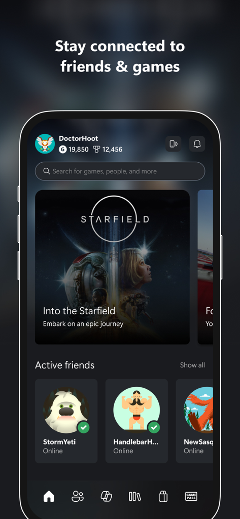 L'écran d'accueil de l'application Xbox affiche les amis en ligne et une bannière promotionnelle pour le jeu Starfield.