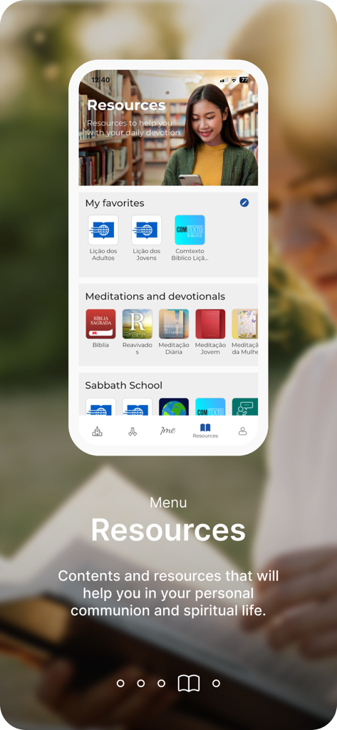 7meアプリのインターフェース。瞑想や聖書研究資料が表示されたリソースセクション。