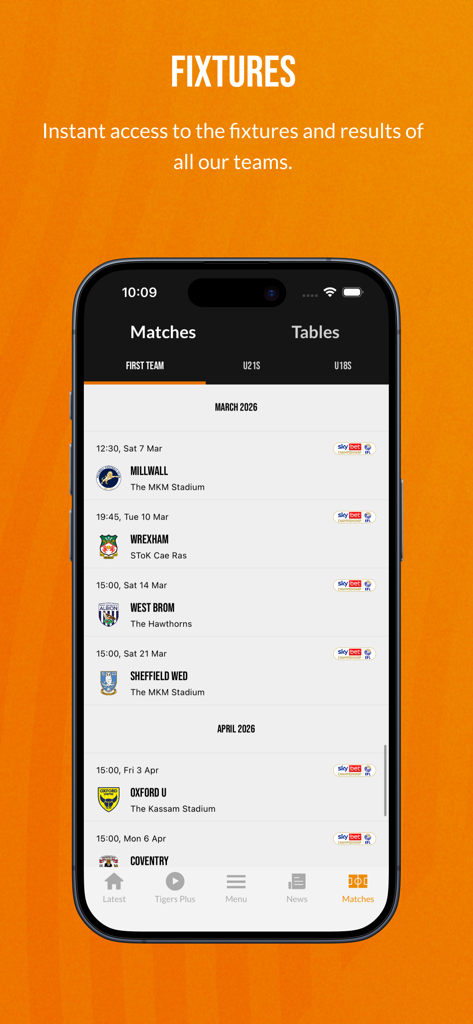 Hull City - Hull City official app displaying a list of upcoming football matches and fixtures for the first team.
