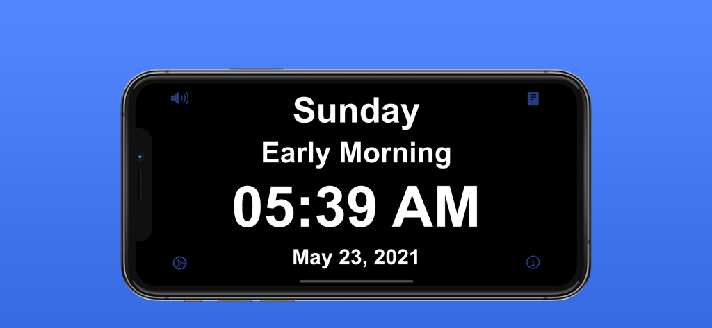 ShowTime Simple Clock Display - ShowTime simple clock displaying Sunday early morning in high contrast with large white text on a black background