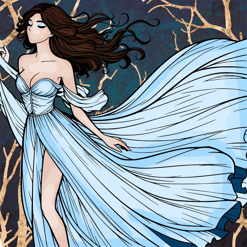 realistic woman in dress flowing the the wind