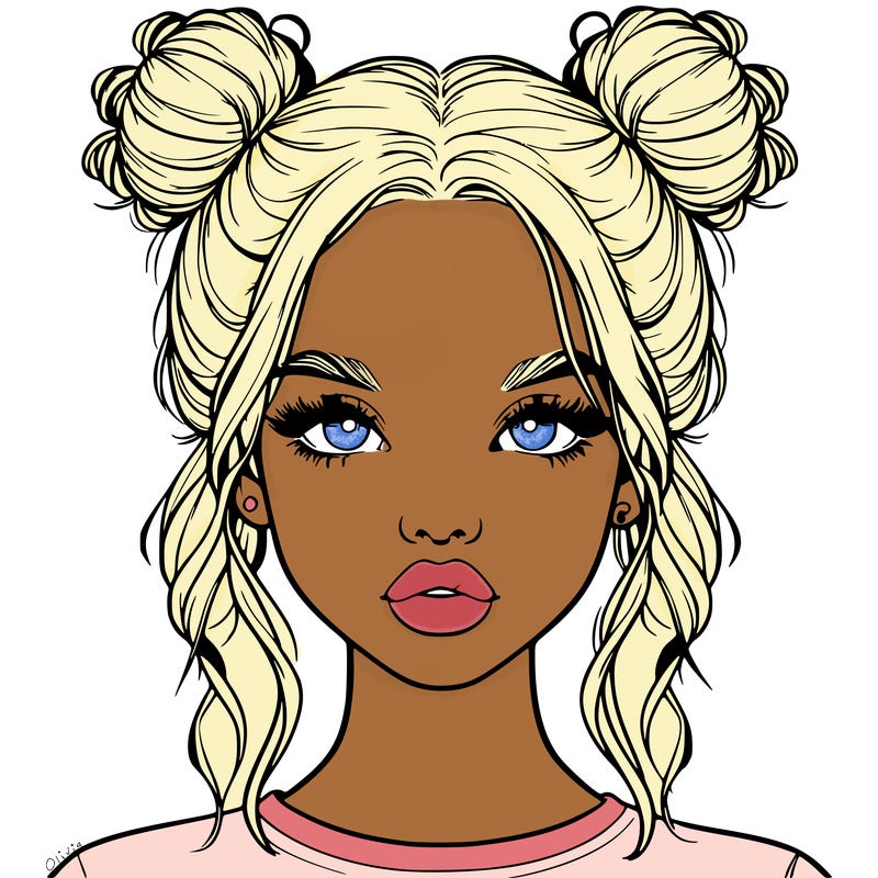 realistic girl with two buns in hair and lips