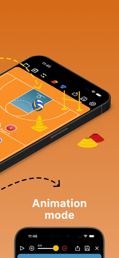 L'interfaccia della modalità animazione dell'app di coaching di basket che mostra un campo digitale con indicatori tattici e coni.