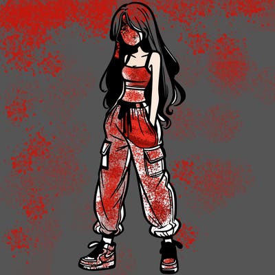 girl in baggy pants crop top and long hair