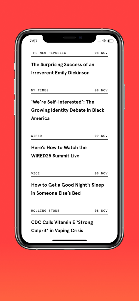 Briefly: Minimalist News - iPhone display of Briefly minimalist news feed featuring curated headlines from multiple publications on a clean white background
