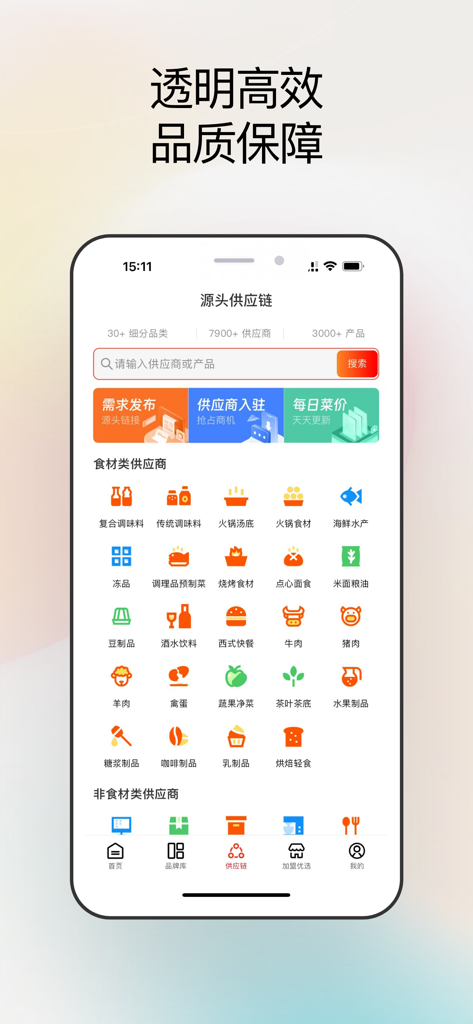 Interfaccia dell'app mobile che mostra varie categorie della catena di approvvigionamento di cibo e bevande per l'approvvigionamento all'ingrosso