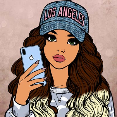 realistic beautiful girl wearing los ángeles cap holding an iphone