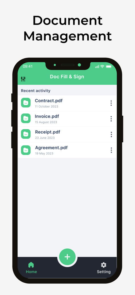Signature Maker - SignHub - Interface of the SignHub mobile app showing a list of managed documents including contracts, invoices, and receipts.
