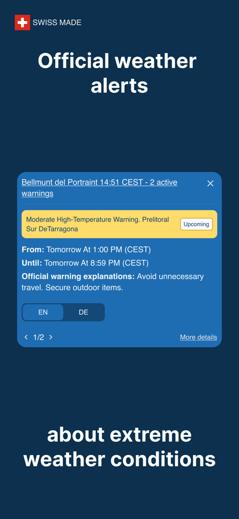 meteoblue weather & maps - Meteoblue-App-Oberfläche zeigt eine offizielle Hitzewarnung mit Sicherheitshinweisen.