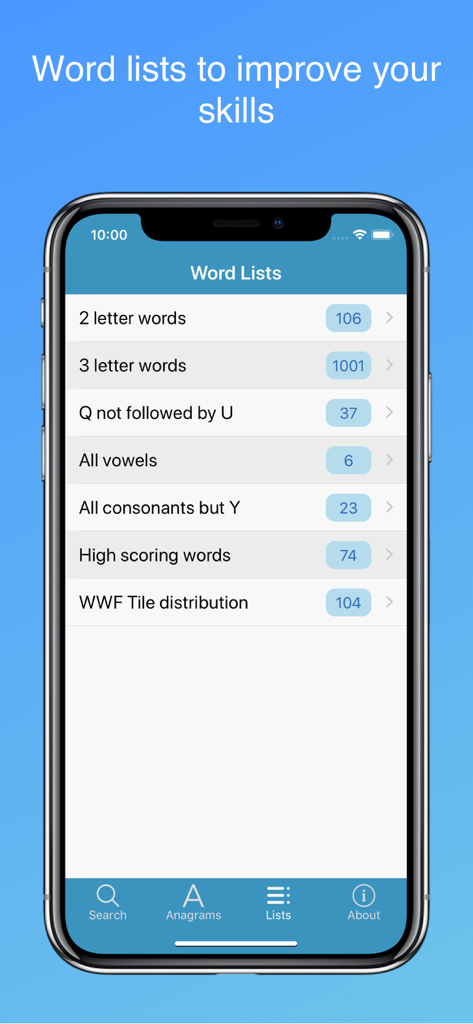 Word Lookup Pro - Word Lookup Pro mobile app interface displaying categories of word lists like two letter words and high scoring words for competitive play