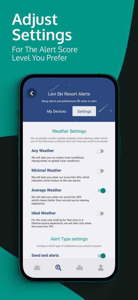 AuroraReach - AuroraReach app screen for customizing aurora visibility alert settings based on weather conditions.