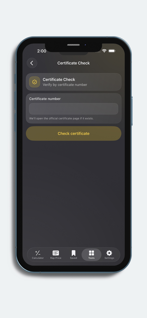 Pantalla de la herramienta de verificación de certificados de la aplicación Calcular Precio Diamante