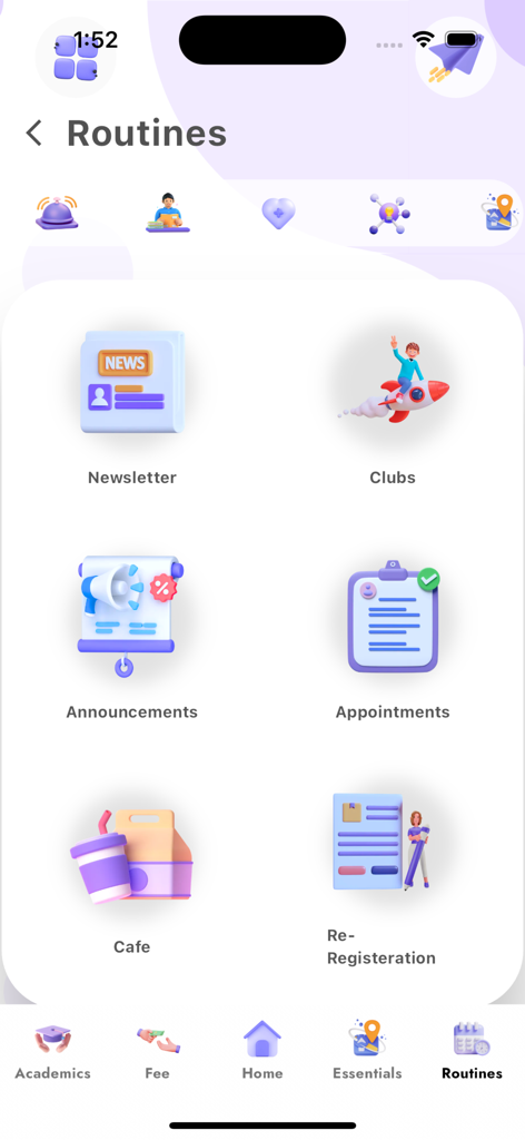 MES School Qatar - Interface of the Routines section in the MES School Qatar app showing various school activity options like Newsletter and Clubs.