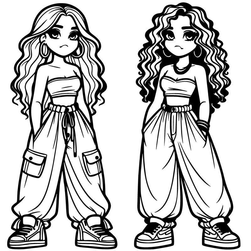 two girls in baggy pants crop top and hairstyle curly