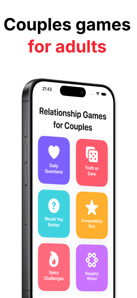 Relationship Game For Couples - Main menu of the Relationship Game For Couples app featuring game modes like Truth or Dare, Spicy Challenges, and Compatibility Quiz.