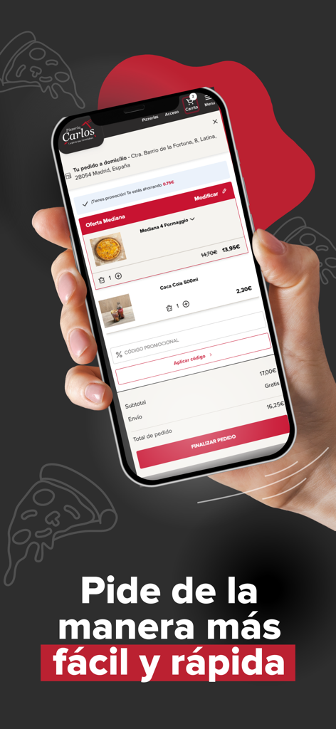 Hand holding a smartphone showing the shopping cart and checkout screen of the Pizzeria Carlos app