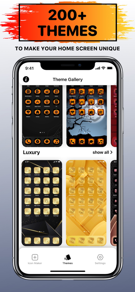 La aplicación X Icon Changer muestra una galería de temas con paquetes de iconos de lujo y de terror para iPhone