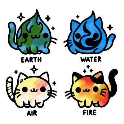 4 cats that represent the different elements, earth, water, air, and fire