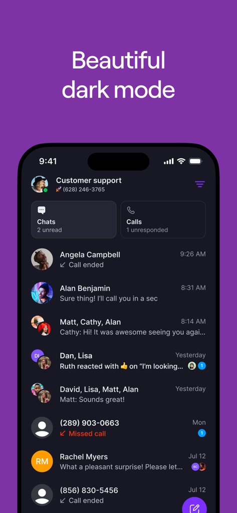 Quo app user interface displaying a list of customer communications in a sleek dark mode theme.