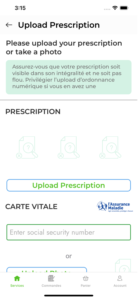 Pharmao - Livraison pharmacie - Interface of the Pharmao app for uploading medical prescriptions and entering health insurance information.