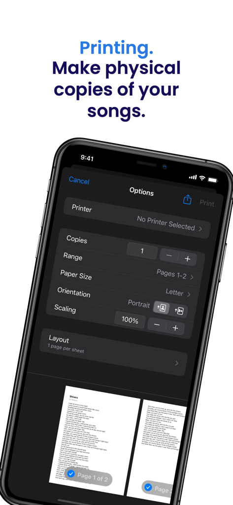 Lyrics: Live - Tela de smartphone mostrando opções de impressão para letras de músicas no aplicativo Lyrics Live