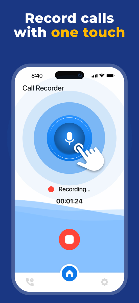 Tapeacall Pro Call Recorder - Tapeacall Pro app interface showing the one touch call recording feature in progress