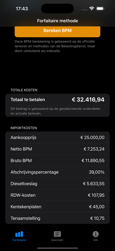 Pantalla de la aplicación de cálculo de BPM que muestra un desglose de los impuestos y tasas de importación de vehículos