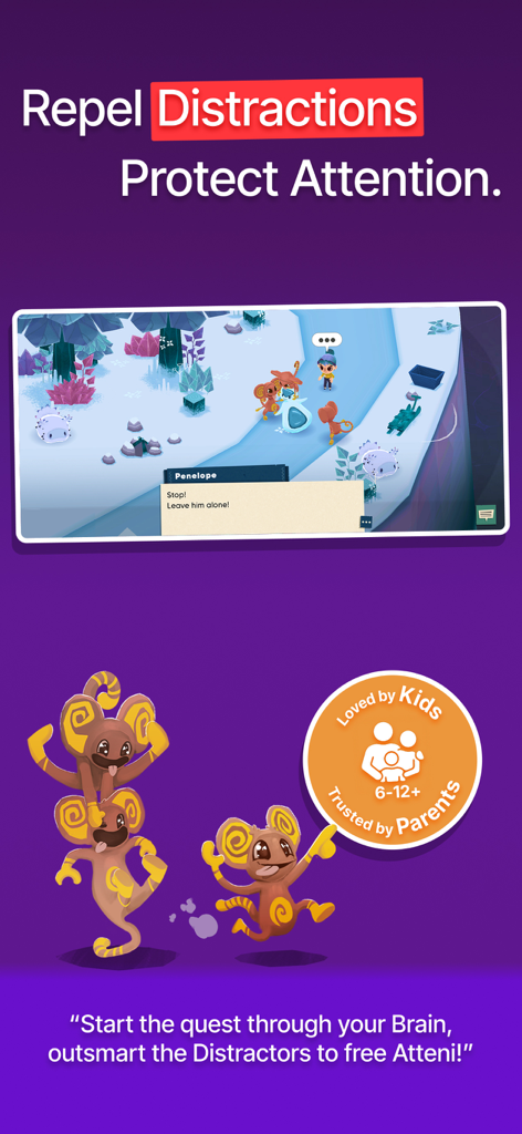 Une scène de jeu de l'application Babaoo où les enfants apprennent à repousser les distractions et à protéger leur attention grâce à des histoires interactives.