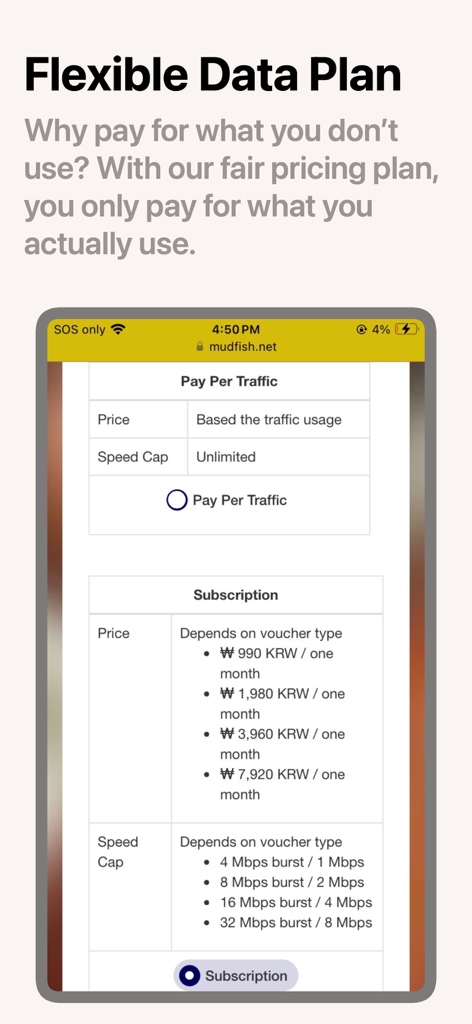 Interfaz de la aplicación Mudfish VPN que muestra opciones flexibles de precios de pago por tráfico y suscripción mensual.