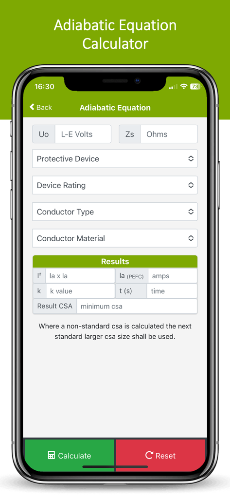 Adiabatic Equation Calculator mobile app interface for calculating minimum circuit protective conductor sizes.