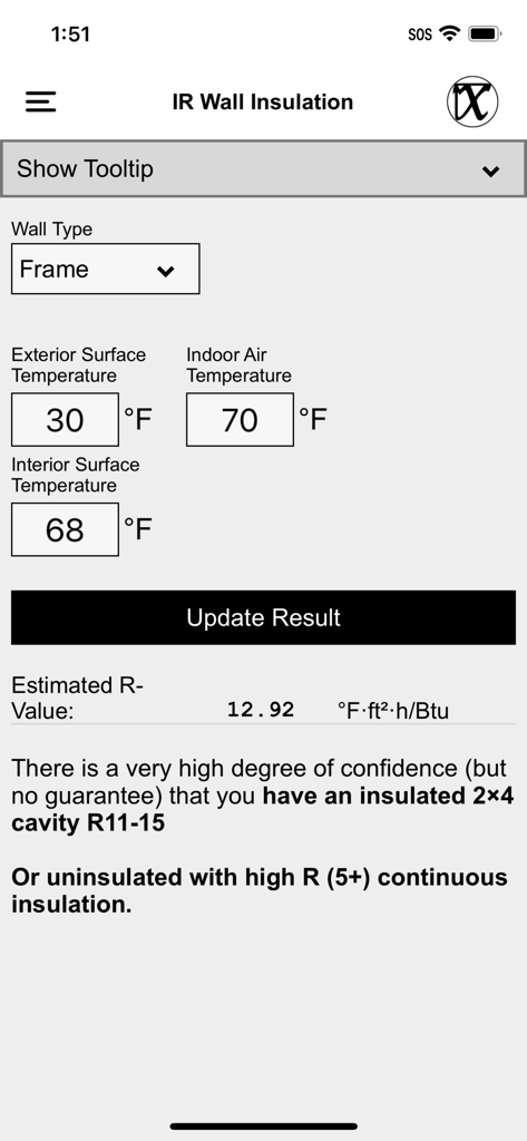IR Wall Insulation calculator interface in the Mean HVAC BS Tools app showing estimated R-value based on surface temperatures