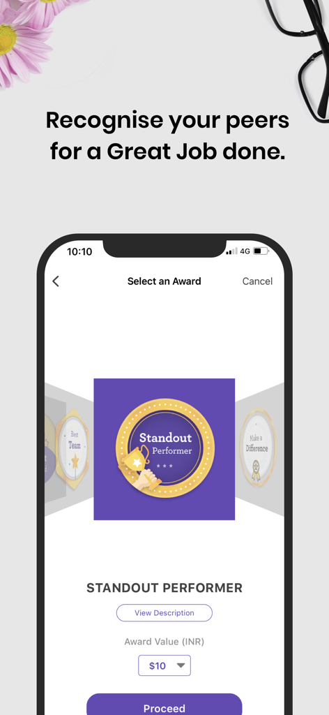 Vantage Circle - Vantage Circle app screen for selecting a Standout Performer award to recognize a colleague