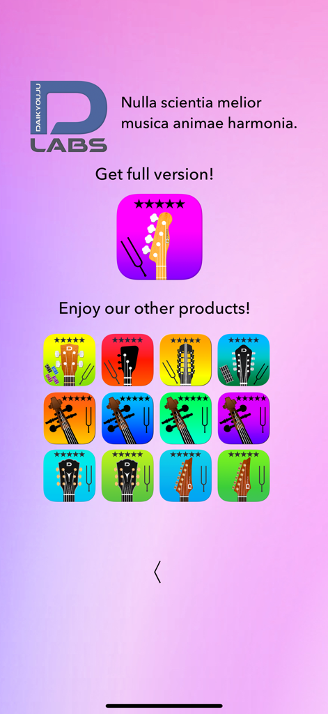 Bass Tuner Basic - Pantalla de promoción que muestra la versión completa del afinador de bajo y otras aplicaciones de afinación de instrumentos musicales de Daikyouju Labs.