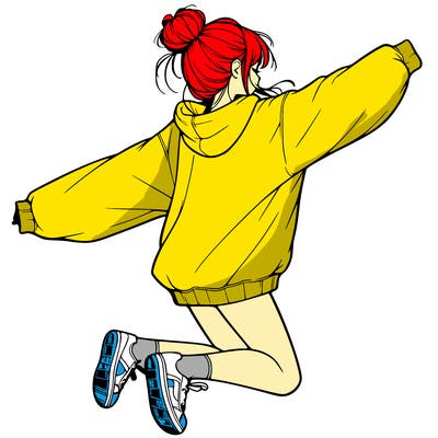 realistic girl jumping with a bun and oversized sweatshirt
