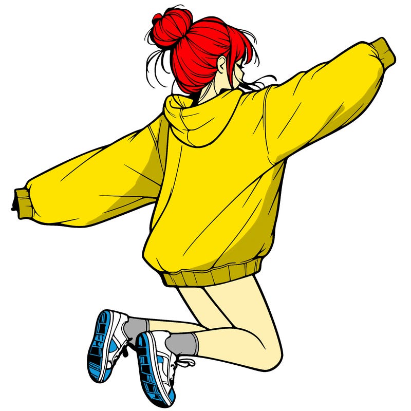 realistic girl jumping with a bun and oversized sweatshirt