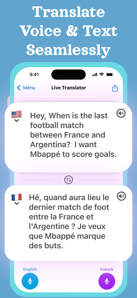 Interfaz de la aplicación móvil mostrando traducción de voz y texto en tiempo real entre inglés y francés