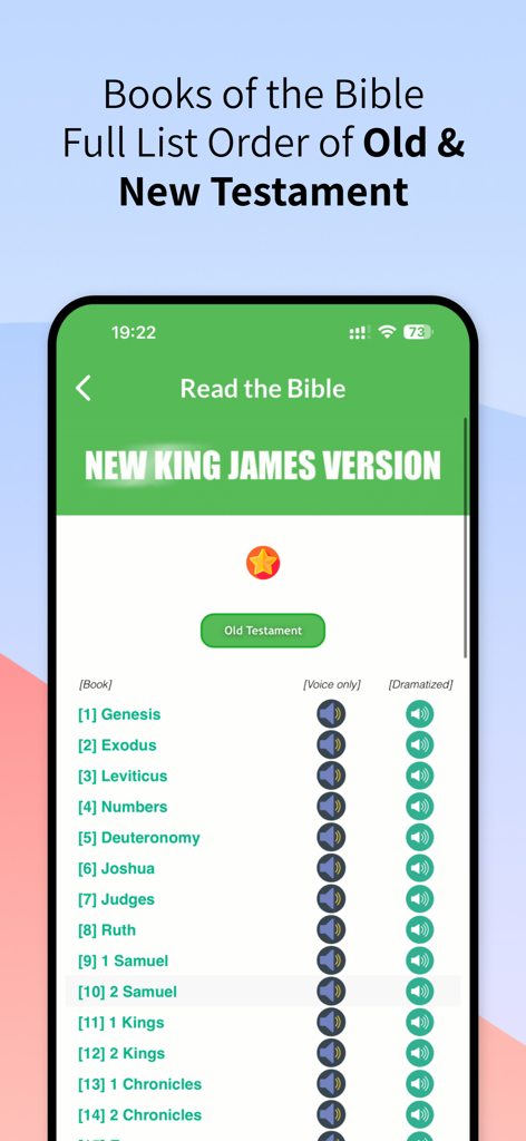 Una pantalla que muestra la lista de libros del Antiguo Testamento en la aplicación de la Biblia en Audio Nueva Versión King James con opciones de solo voz y audio dramatizado.