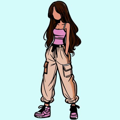 girl in baggy pants crop top and long hair