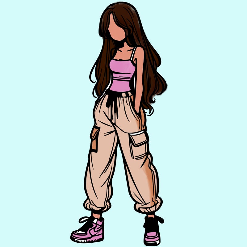 girl in baggy pants crop top and long hair