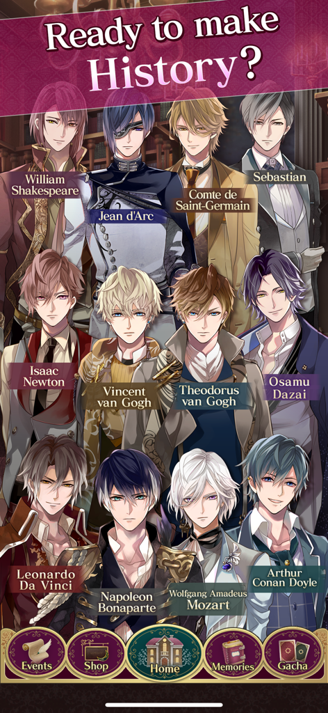 Ikemen Vampire Otome Gam‪e - Un retrato grupal de apuestos personajes masculinos estilo anime del simulador de citas Ikemen Vampire basado en figuras históricas famosas.