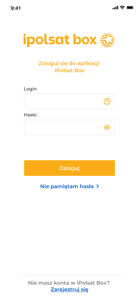 Schermata di accesso dell'applicazione mobile iPolsat Box che mostra i campi per nome utente e password