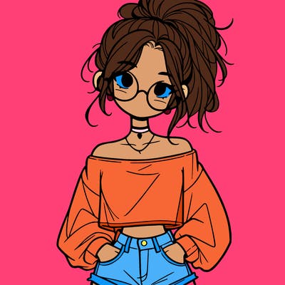 girl with a messy ponytail glasses a baggy crop top and jean shorts