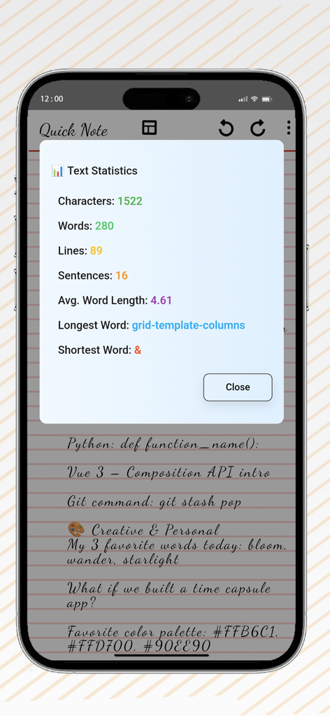 Screenshot der Quick Note App zeigt ein Pop-up mit Textstatistiken, Wort- und Zeichenanzahl über einer Notizblockseite.