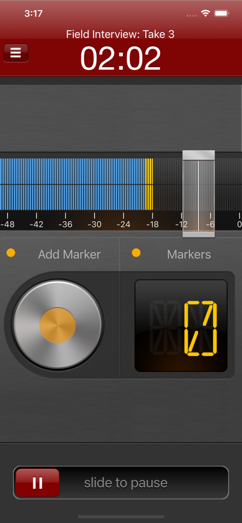 Hindenburg Field Recorder - Interfaz de Hindenburg Field Recorder que muestra una sesión de grabación de audio activa con marcadores y niveles de volumen