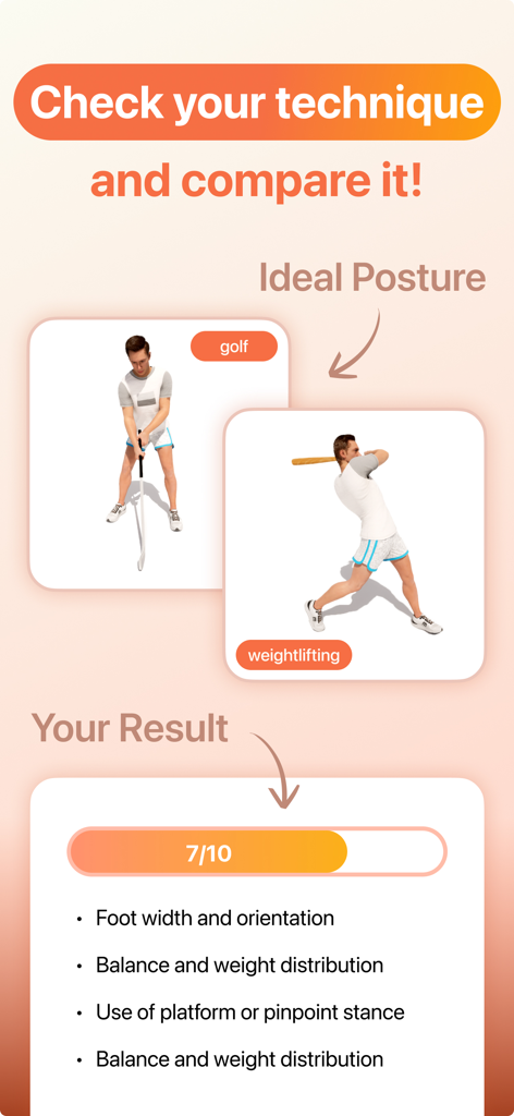 CoachIQ: AI Technic Analyzer - AI sports technique analysis showing ideal posture comparison and performance score on CoachIQ