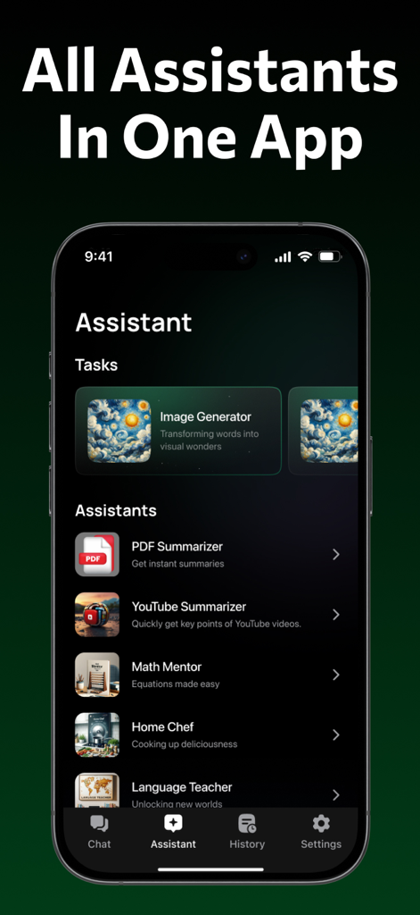 AI Detector | Text Humanizer - Écran d'application mobile montrant divers outils IA comme le résumeur de PDF, le mentor de mathématiques et le chef à domicile sous la rubrique Tous les assistants en une seule application