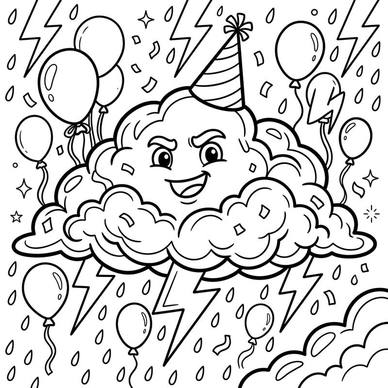 Prepare for a celebration like no other with our Heavy Thunder Birthday coloring page! This playful design blends a powerful storm cloud with festive party elements, creating a unique and exciting canvas for your creativity.