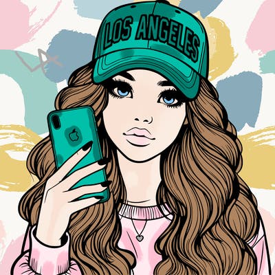 realistic beautiful girl wearing los ángeles cap holding an iphone