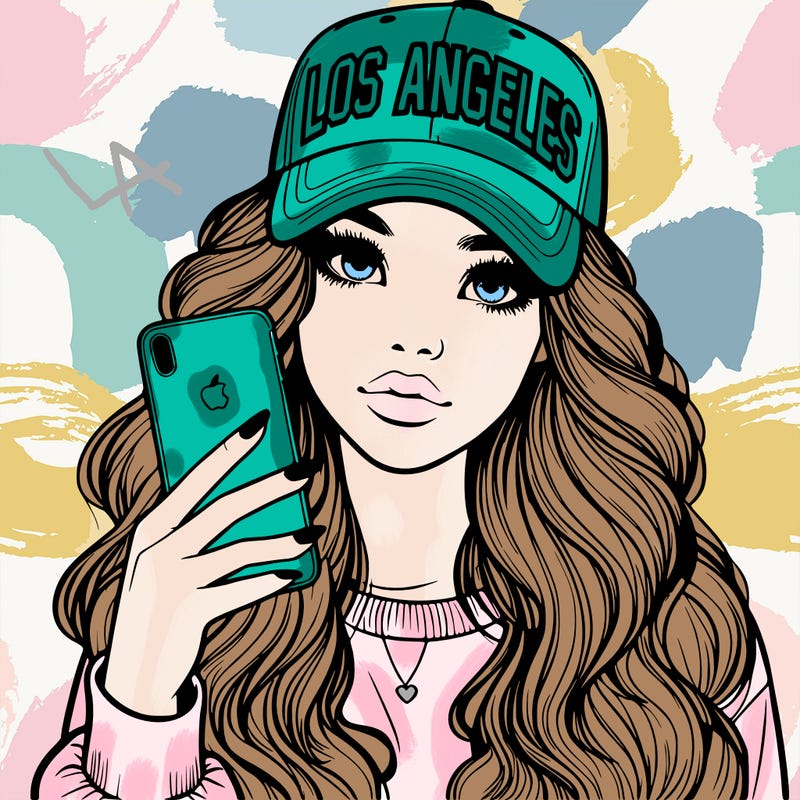 realistic beautiful girl wearing los ángeles cap holding an iphone