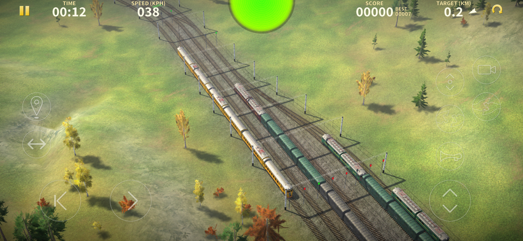 Electric Trains - Aerial view of Electric Trains gameplay showing multiple trains on tracks with a green landscape and simulation interface.